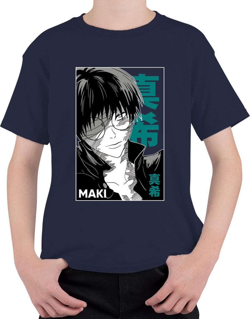 Anime Manga MAKI Brille schwarz weiß Cool Geschenk Otaku Retro Uni Kinder T-Shirt, Navy, 116