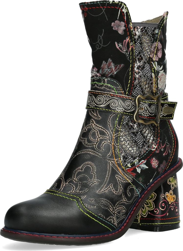 Laura Vita Damen Stiefelette Leder florales Muster Animalprint Schnalle Evcao 82, Größe:39 EU, Farbe:Schwarz