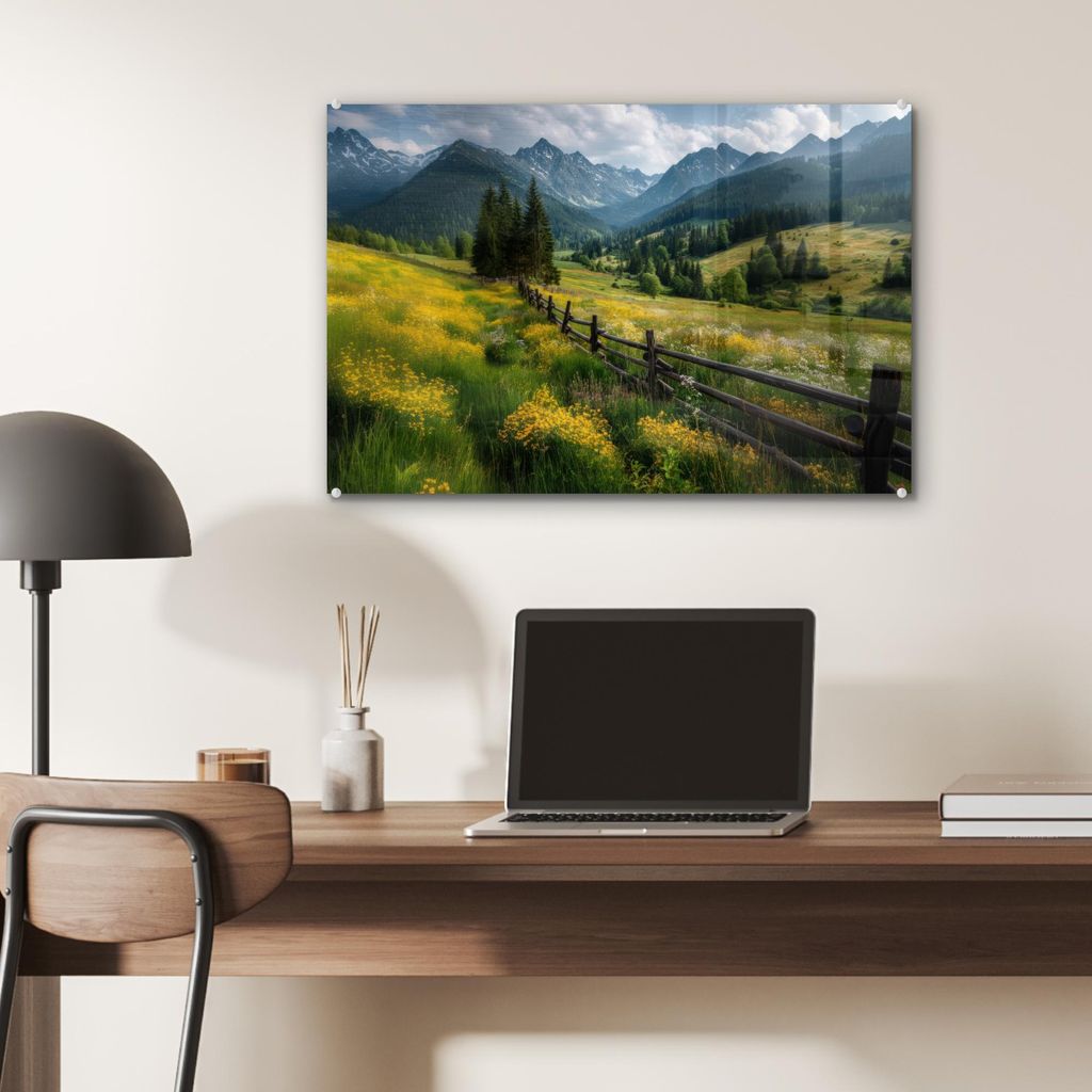 MuchoWow Glasbilder - Bilder auf Wandbild - Foto auf Glas Feld - Zaun - Berge - Blumen 60x40 cm Wanddekoration aus Glas - Acrylglasbild - Acrylbild...