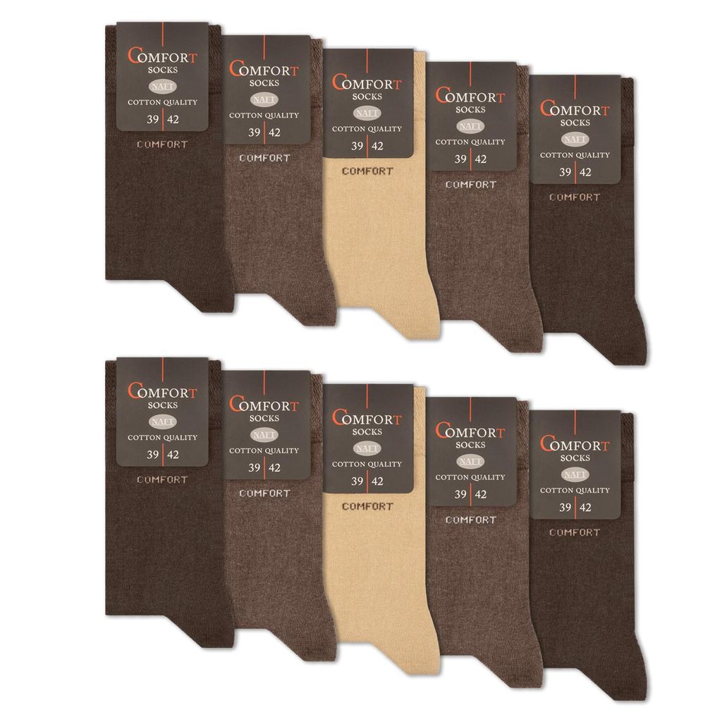 10 Paar Komfortsocken Damen & Herren ohne Gummi & ohne Naht Baumwolle mit Komfortbund 13100 - Beige/Braun 39-42