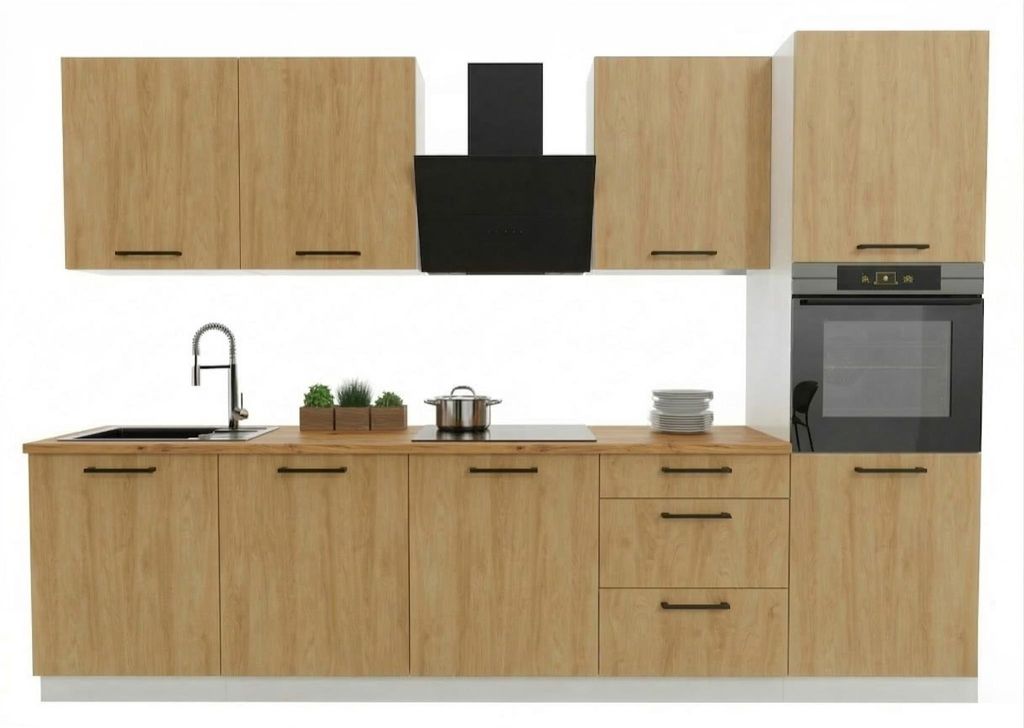 Küchenzeile 300 cm - mit brauner Arbeitsplatte - Hicora-Eiche - mit Hängeschränke und Unterschränke - Soft-Close-Funktion - Küchenblock - BONO