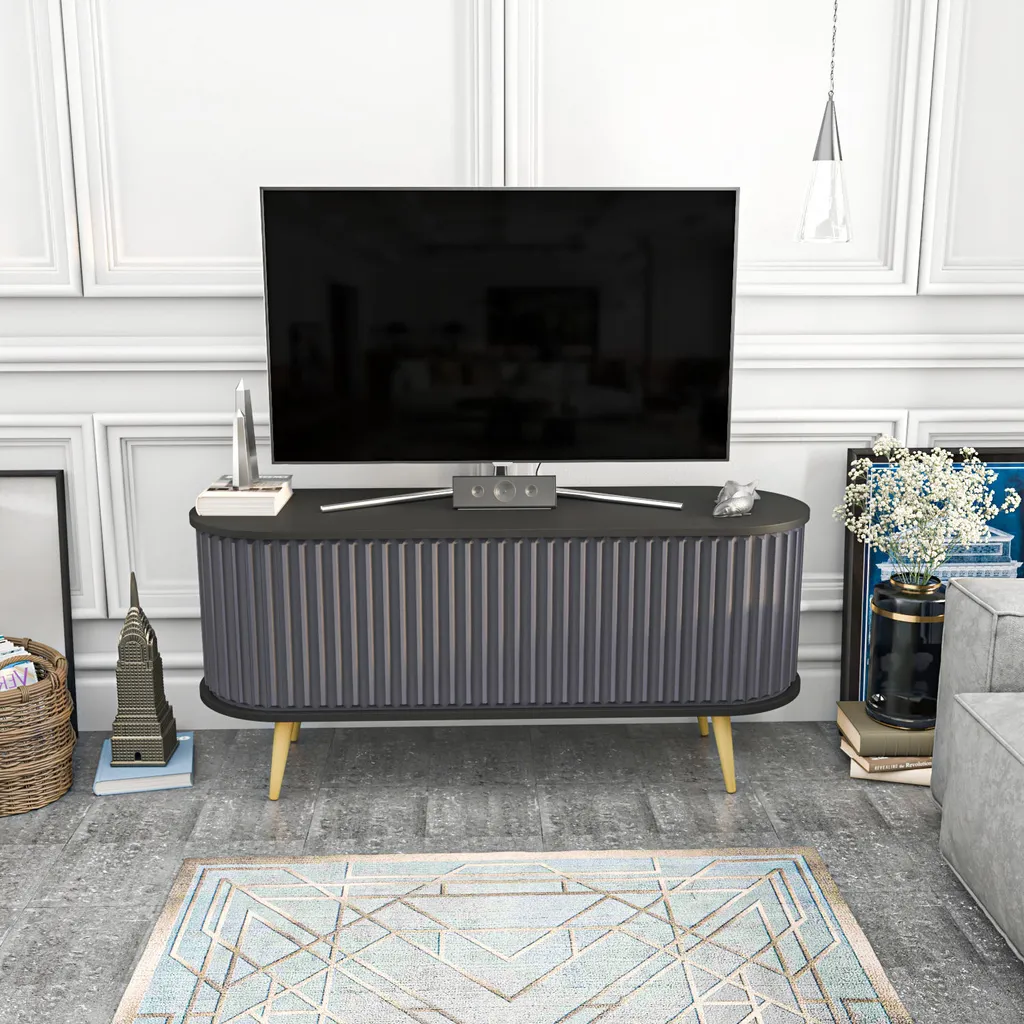 Meuble TV Stor Noir Anthracite en Bois Mélaminé Robuste 140x43x64 cm