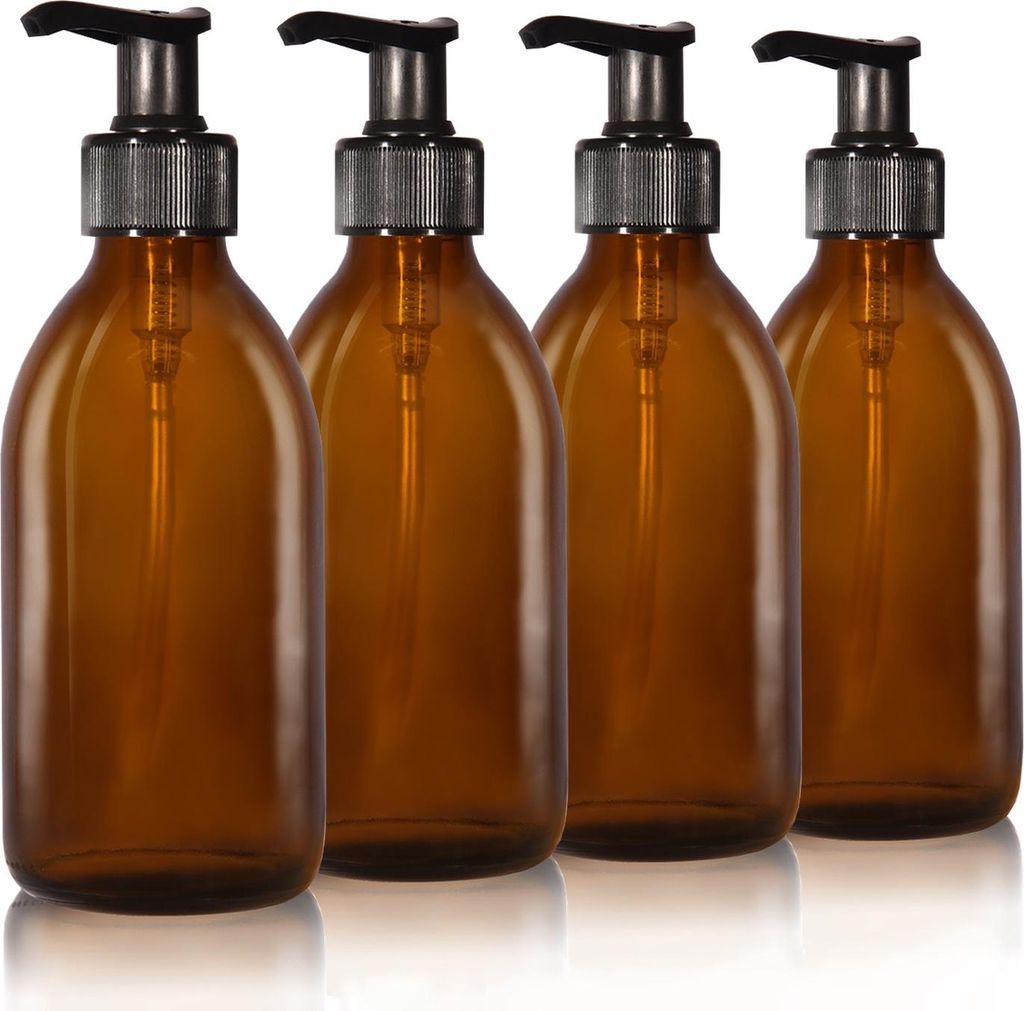 Oputec 4 x 250 ml Seifenspender aus Glas – Shampoo-Flaschen zum Befüllen Duschgel-Spender Pumpspender aus Braunglas – Küche und Badezimmer