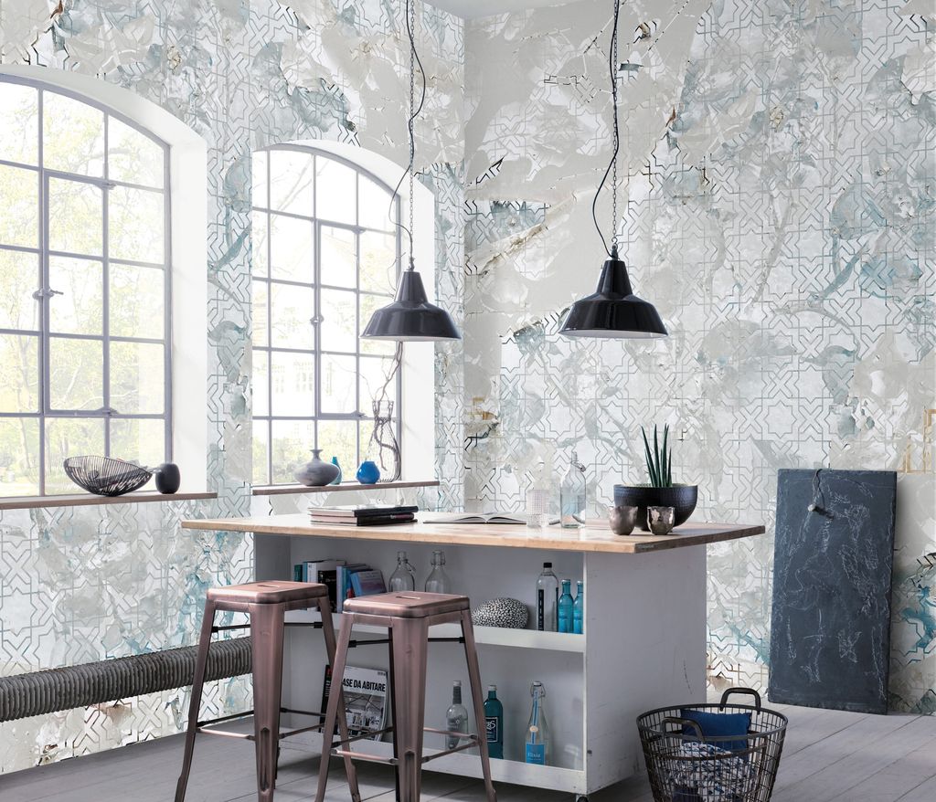 NEWROOM Tapete Grau Vliestapete Mosaik - Mustertapete Vintage Blau Beige Putz Retro Kacheln Rustikal Orientalisch