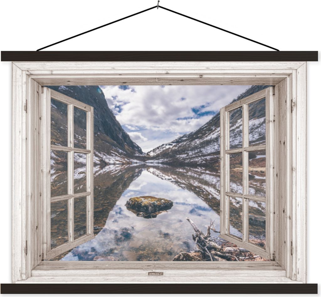 MuchoWow Textilposter Aussicht - Berg - Wasser 150x113 cm mit schwarzem Rahmen - Wohnzimmer