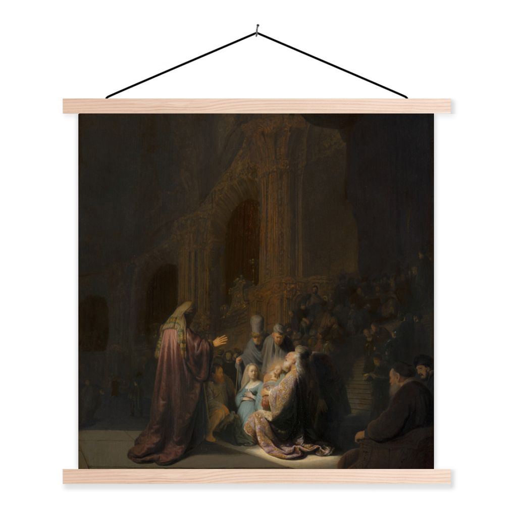 MuchoWow Textilposter Das Lied des Simeon - Gemälde von Rembrandt van Rijn 40x40 cm mit holzfarbenen Rahmen - Posterleiste