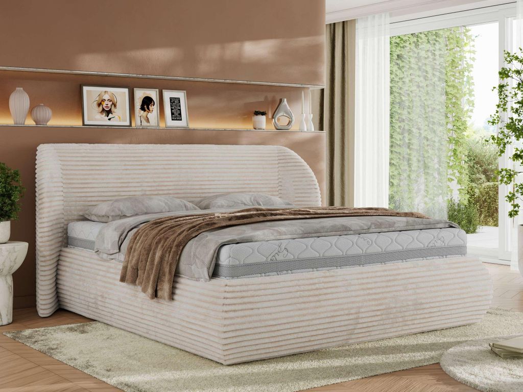 MKS MEBLE Polsterbett mit Bettkasten CAELA CLASSIC Bett mit Stauraum und Gasdruckfeder Doppelbett Multipocket Matratze ELORI LUX 200x200 Beige Cord