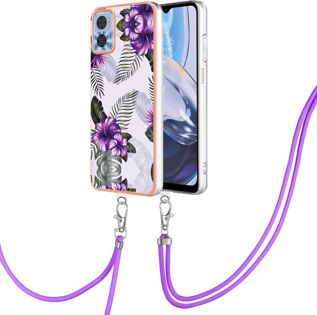 Handykette Hülle für Motorola Moto E22 Muster TPU Schutzhülle mit verstellbarem Tragegurt Lila