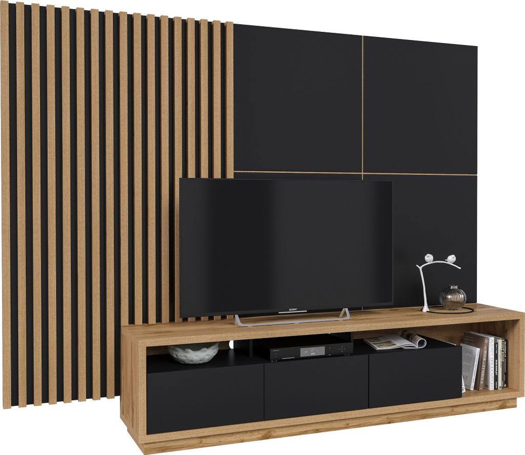 Furniture24 Wohnwand CELINE 10 Lowboard mit Wandpaneel Lamellenwand 4-teilig 251cm Schrankwand Fernsehschrank