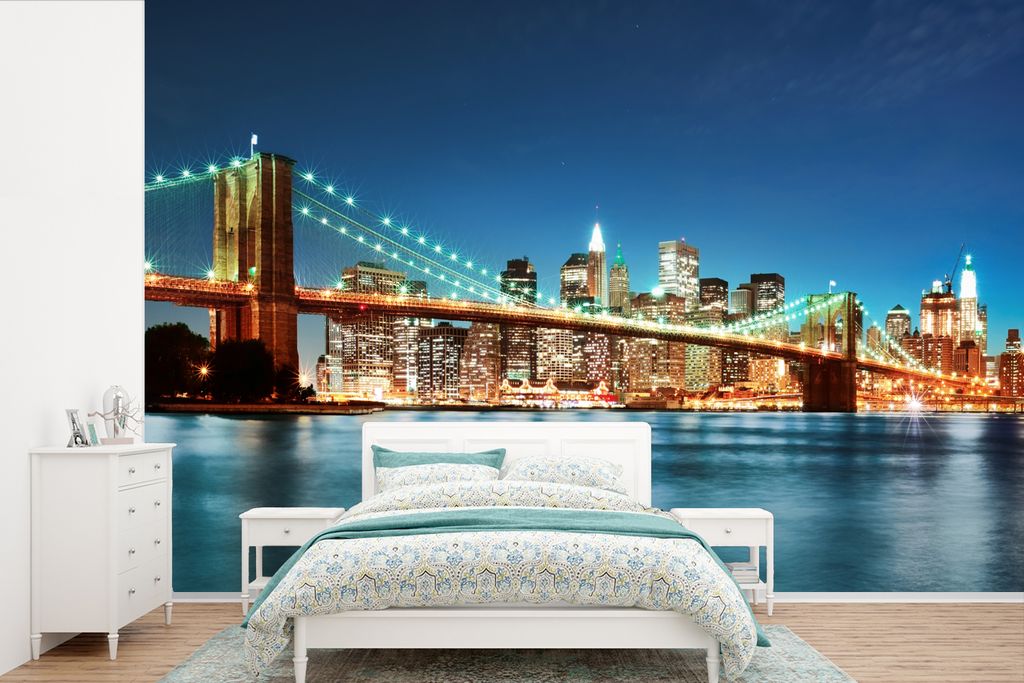MuchoWow Fototapete für Wohnzimmer oder Schlafzimmer Wandtapete Vinyl Motivtapete New York - Brücke - Architektur - Brooklyn - Licht - 330x220 ...