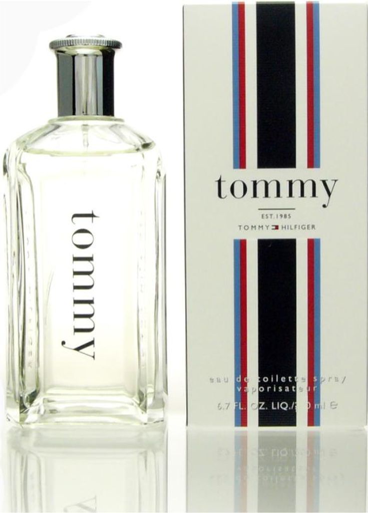 A bottle of Tommy Hilfiger Tommy EDT perfume and its packaging are displayed side-by-side against a white background.