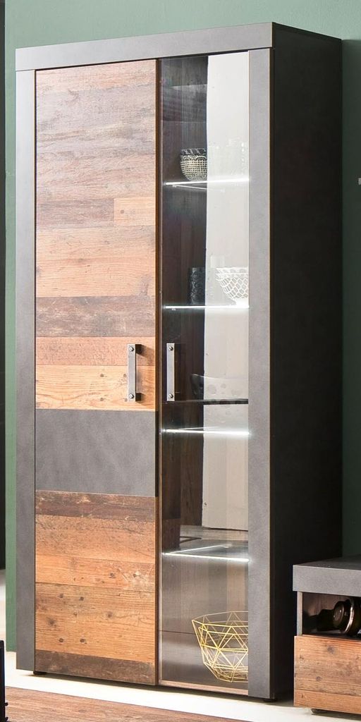 Vitrine "Indy" Used Wood mit grau Vitrinenschrank 87x189 cm inkl. Beleuchtung