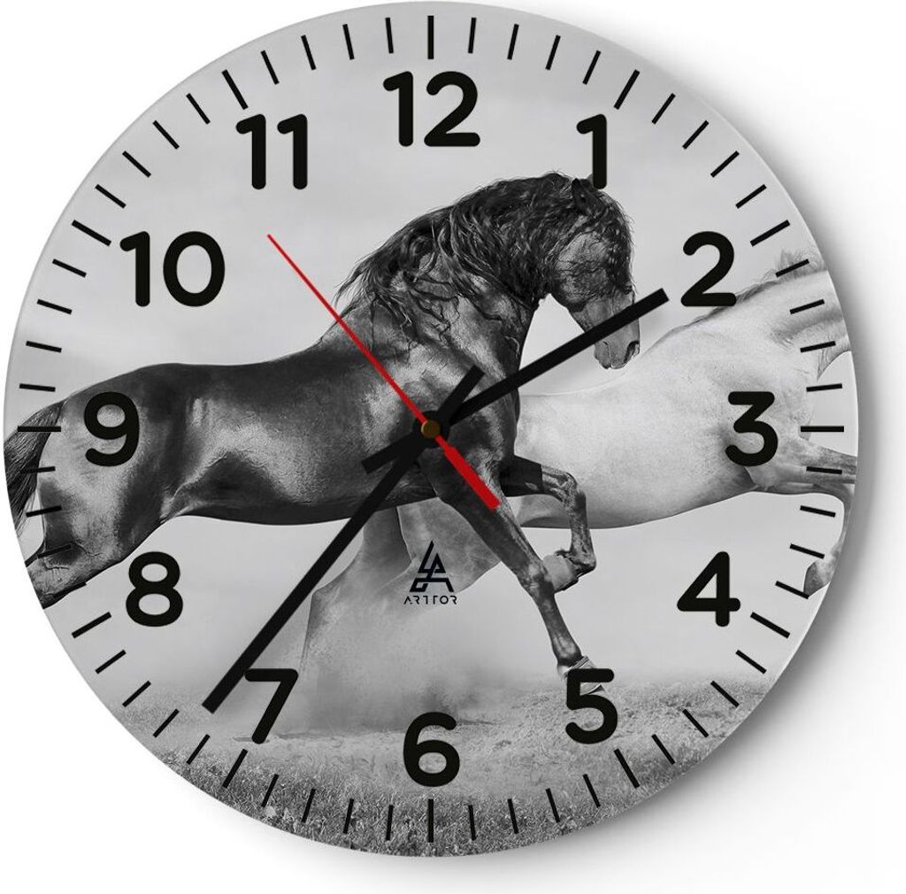 Wanduhr - Rund - Glasuhr - Pferde Tiere Galopp Wiese - 30x30cm - Schleichendes Uhrwerk - Lautlos - zum Aufhängen bereit - Dekoration Modern - Wand...