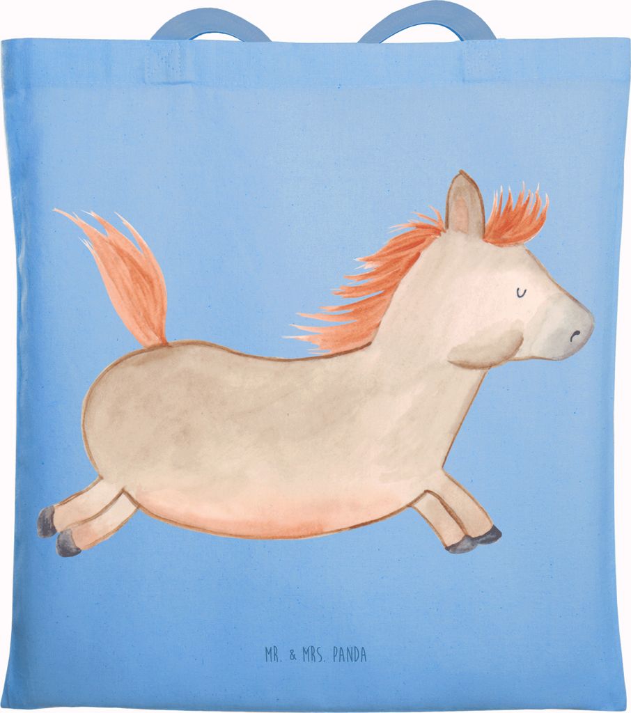 Mr. & Mrs. Panda Baumwolltasche Pferd Springen - Sky Blue - Geschenk, Bauernhof, Pferde, Pony, Pferdestall, Jutetasche, Tragetasche, Reiten, Stall,...