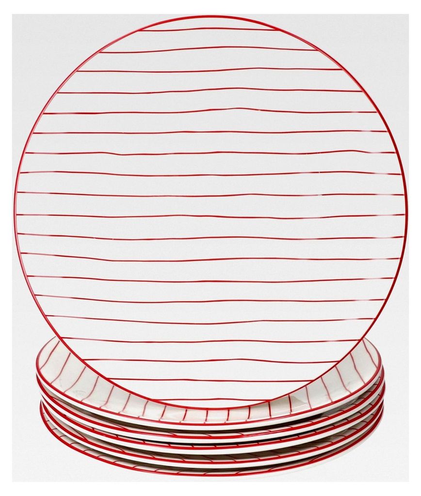 6-teiliges Set Speiseteller mit roten Streifen I Ø 25,2 cm I Steingut I große Teller für Hauptmahlzeiten, Grillen, Frühstück, Mittag- und Aben...