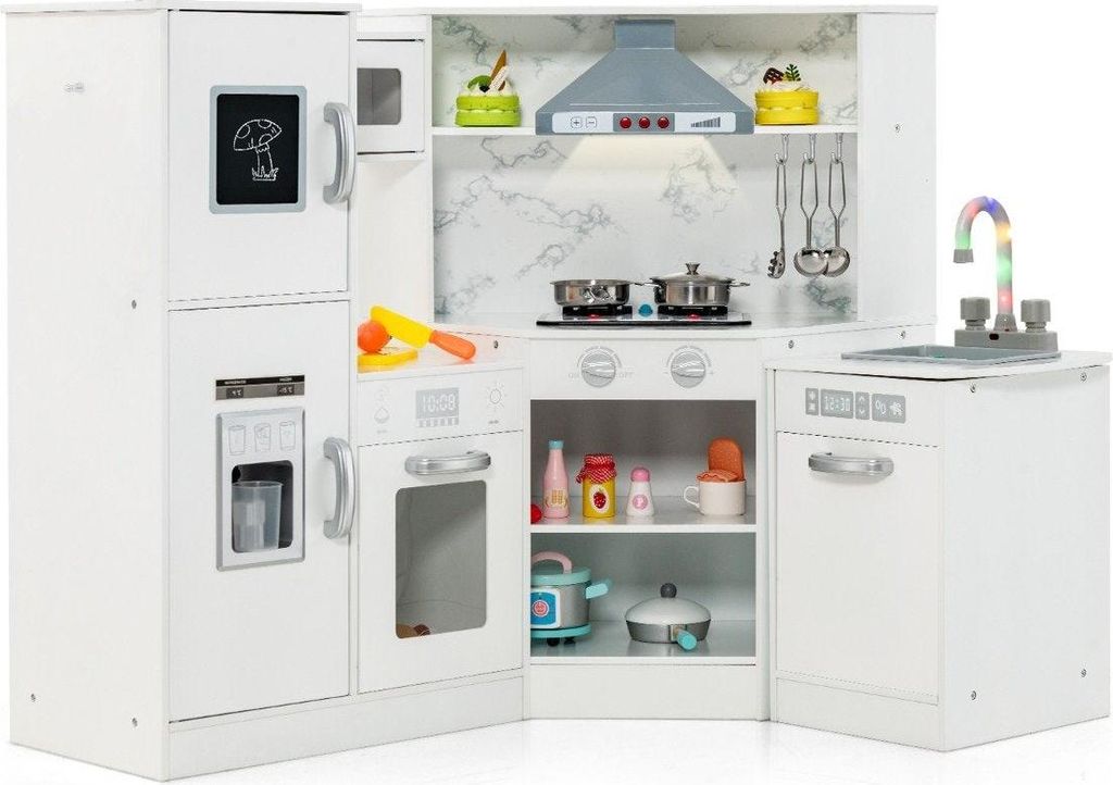 Holz Eck Kinderküche mit Licht & Sound & Tafel & Zubehör Kinderküche Spielküche Holzküche Weiß