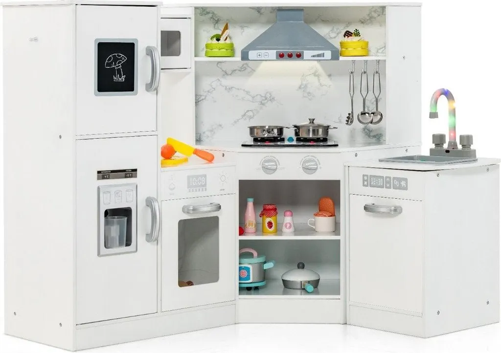 Cuisine d'angle enfants en bois blanc - Effets sonores, lumineux et tableau noir