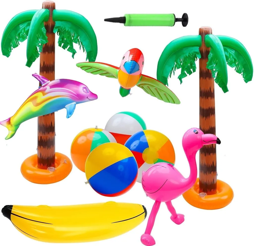 Kit 11 Décorations Gonflables Palmiers et Flamants Roses avec Pompe