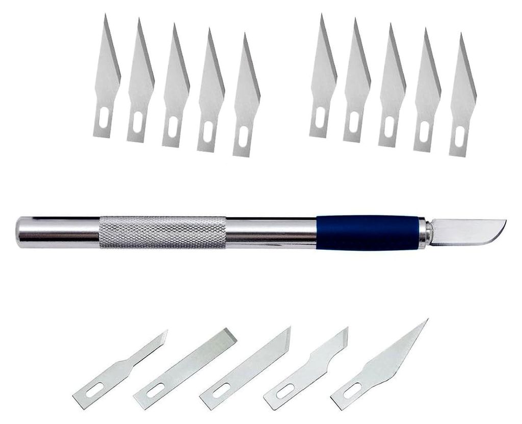 Hobbymesser Set in Silber mit 6 verschiedenen Klingen und 10 spitzen Ersatzklingen