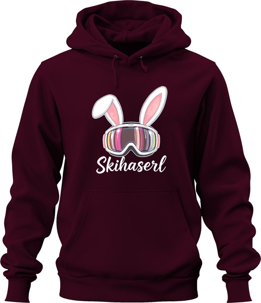 Skihaserl Skifahren Skibrille Bunny Lustig Fasching Karneval Uni Hoodie Kapuzenpullover, Burgundy, L