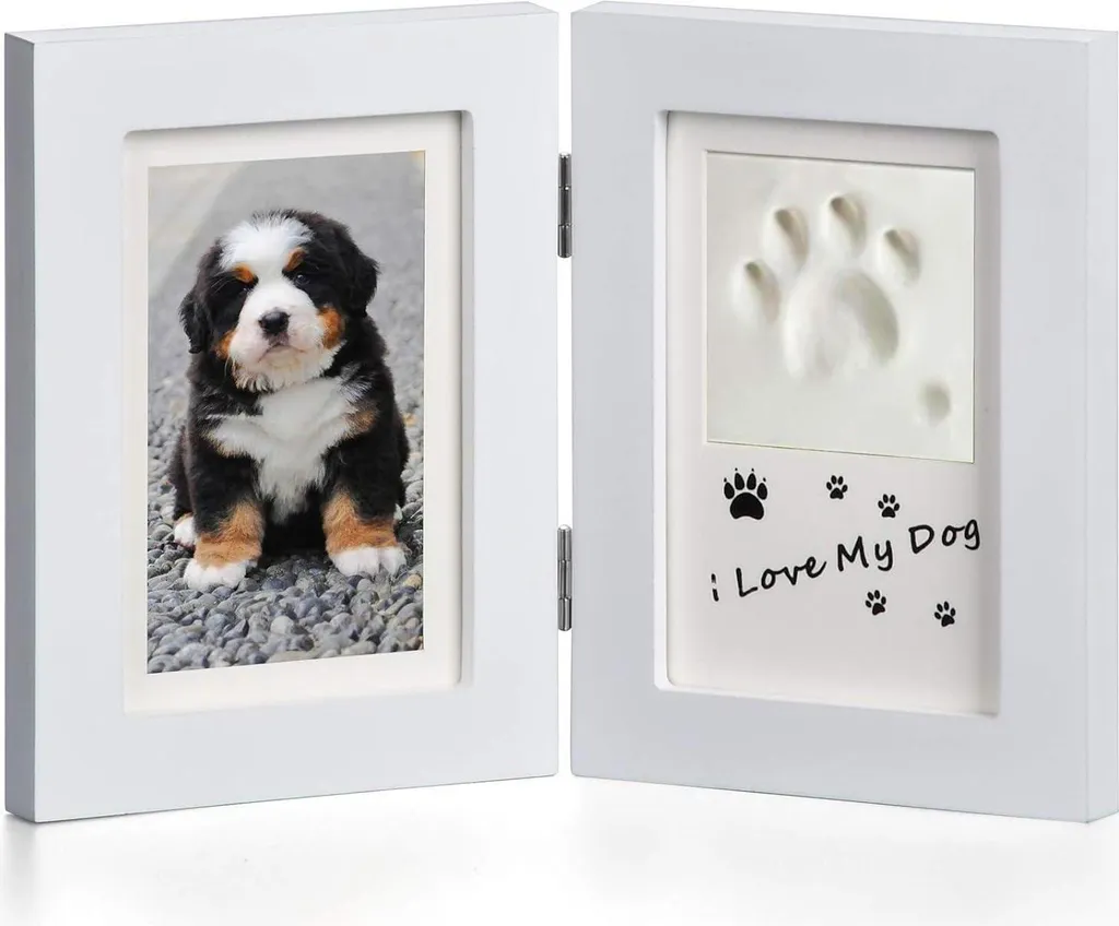 Stampa a zampa 3D Set Cane Gatto con cornice in legno Decorazione murale bianca Cornice pieghevole Memoria per animali domestici in argilla atossica