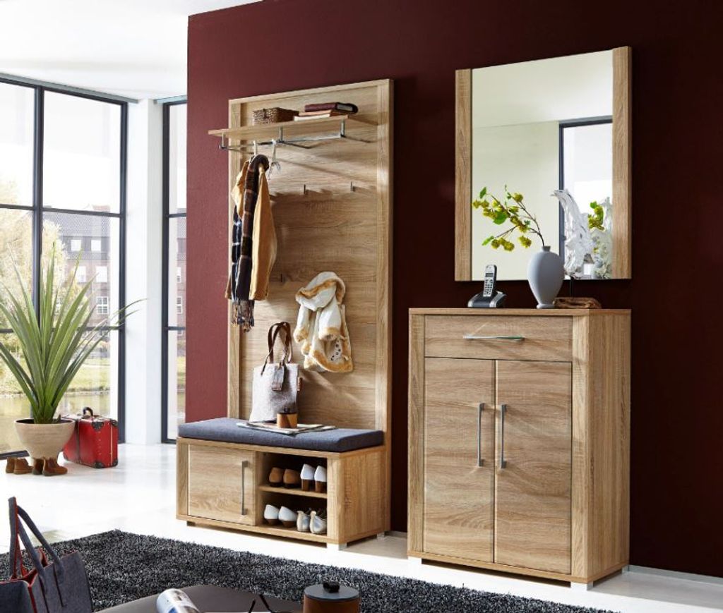 Garderobe GO 4-tlg Paneel Bank Schuhschrank Spiegel Eiche Sonoma