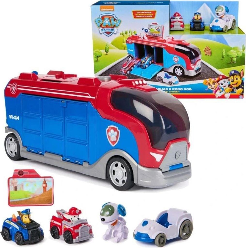 A Paw Patrol Mission Cruiser Emergency Kit with Chase, Marshall, and Robo-Paw, shown with its packaging and accessories.