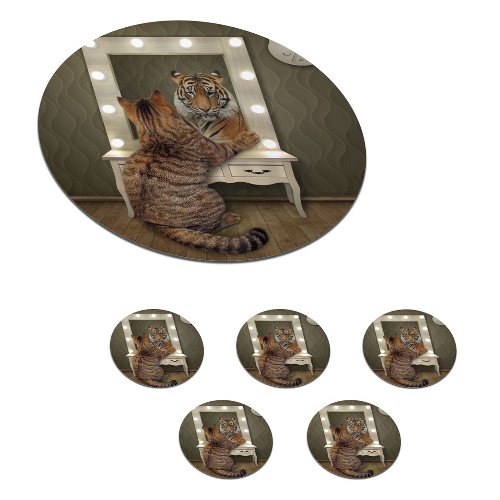 KitchenYeah Glasuntersetzer Rund 6er Set Tiger - Spiegel - Katze 10x10 cm Untersetzer für Gläser - Getränkeuntersetzer - Tischplattenschutz - ...