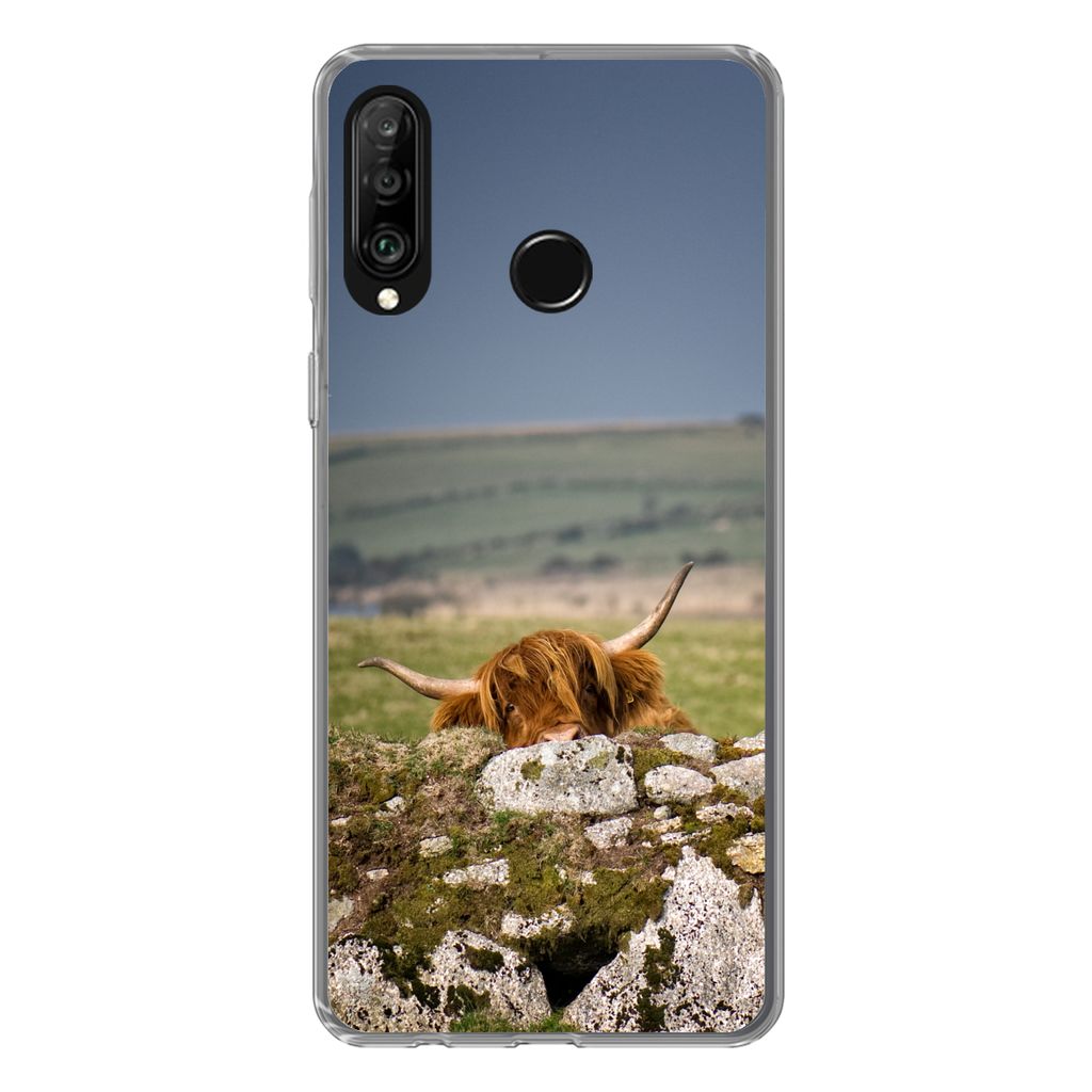 MuchoWow Handyhülle Schutzhülle Hülle für Huawei P30 Lite Schottische Highlander - Steine - Gras Silikon Softcase Handy Hülle - Handyhülle