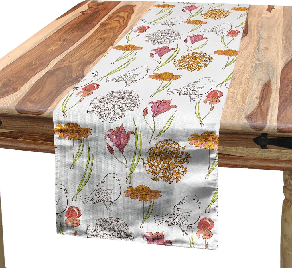 ABAKUHAUS Blumen Tischläufer, Retro Frühlings-Themed Laub Muster mit Lilie und Iris-Blumen und Vögel drucken, 40 x 225 cm, Mehrfarbig