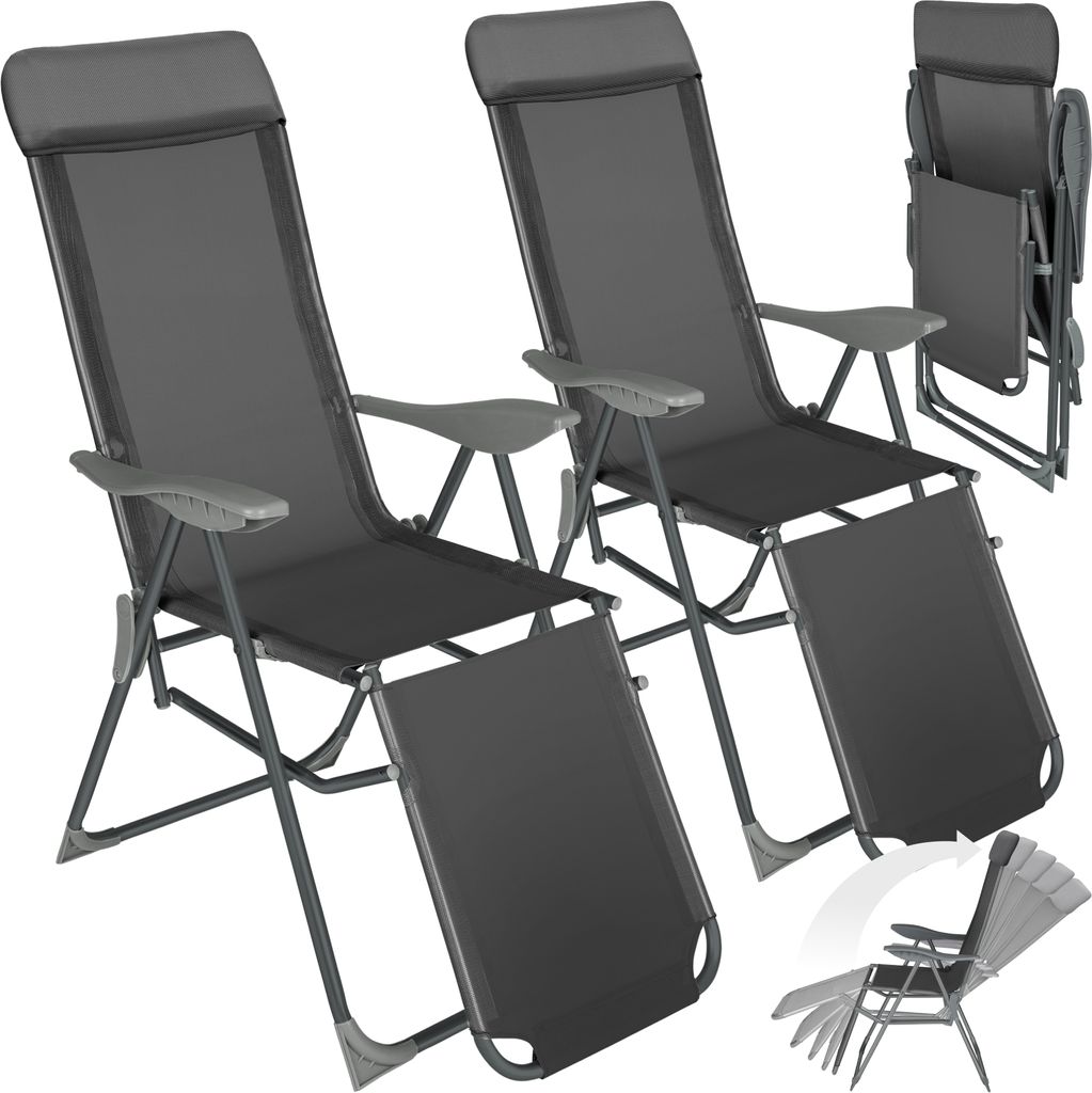Two grey reclining garden chairs are shown from the front on a white background. A third chair is shown folded in the background. A small inset image shows the chair in a reclined position.