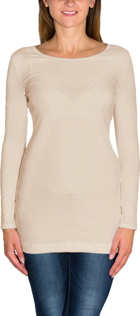 Alkato Damen Langarm Longshirt Langarmshirt Tunika Basic Shirt, Farbe: Hellbeige, Größe: XL
