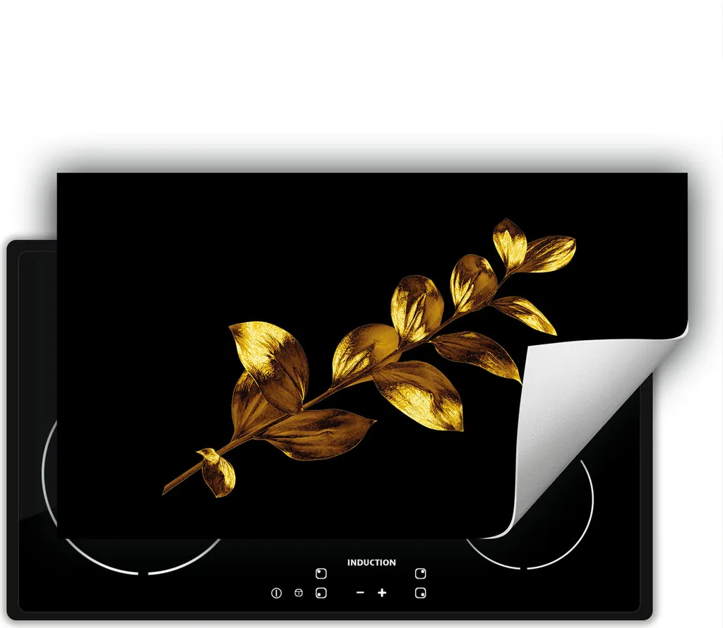 DarHaus Piastra di copertura per stufa 90x52 cm Tappetino antiscivolo Roll-up, nero - oro - fiore