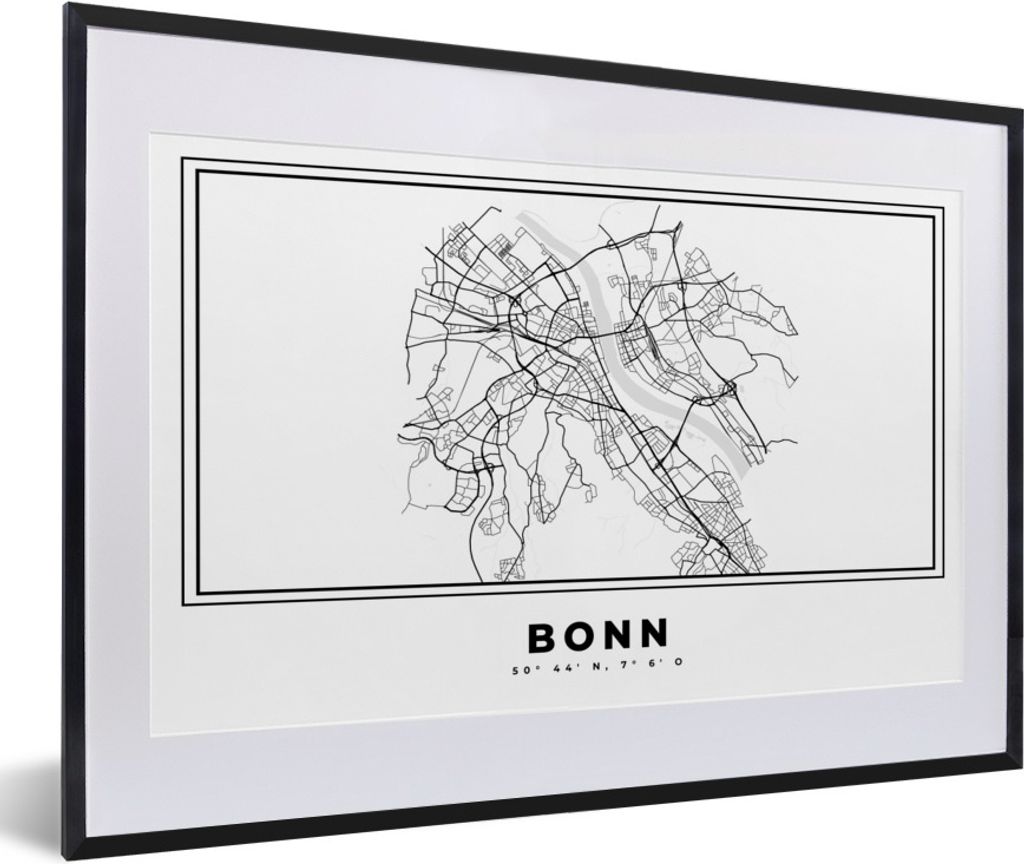 MuchoWow Gerahmtes Poster Stadtplan - Deutschland - Schwarz und weiß - Bonn - Karte 60x40 cm - Poster mit Schwarzem Bilderrahmen Wandposter Rahm...