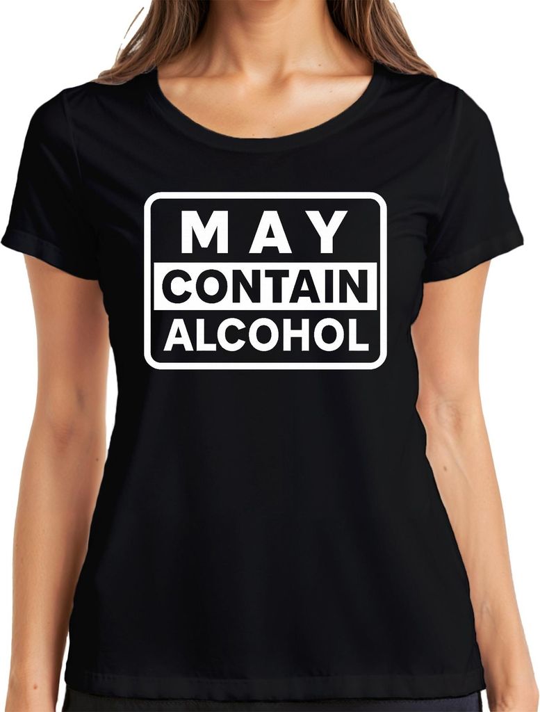 May Contain Alcohol Lustiger Warnhinweis Party Geschenk Retro Damen T-Shirt, Schwarz, M