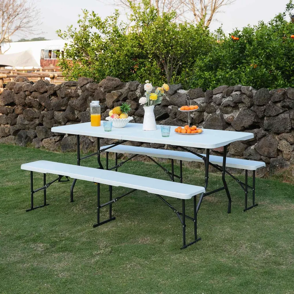 Banc pliable blanc 180 cm résistant aux UV - Structure acier renforcé