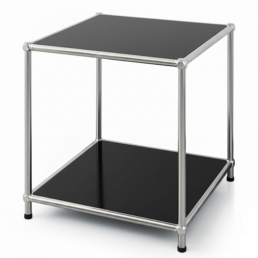 A product shot of a black and silver side table against a white background.
