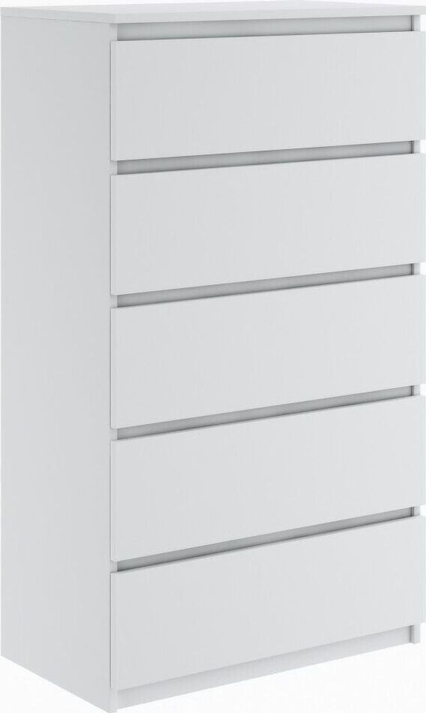 A white five-drawer dresser is shown from a three-quarter angle against a white background.