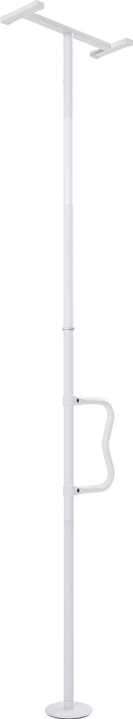 A white floor-mounted safety grab bar for bathrooms.