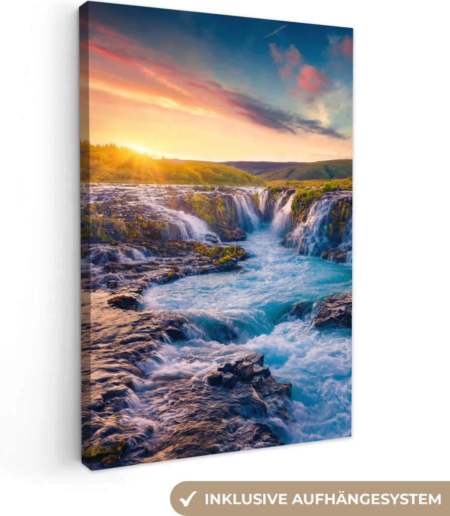 MuchoWow - Leinwandbilder - Wasserfall - Pflanzen - Moos - Landschaft - Sonnenuntergang - Fels, Wandbild, Wanddeko Bilder Wohnzimmer, 80x120 cm