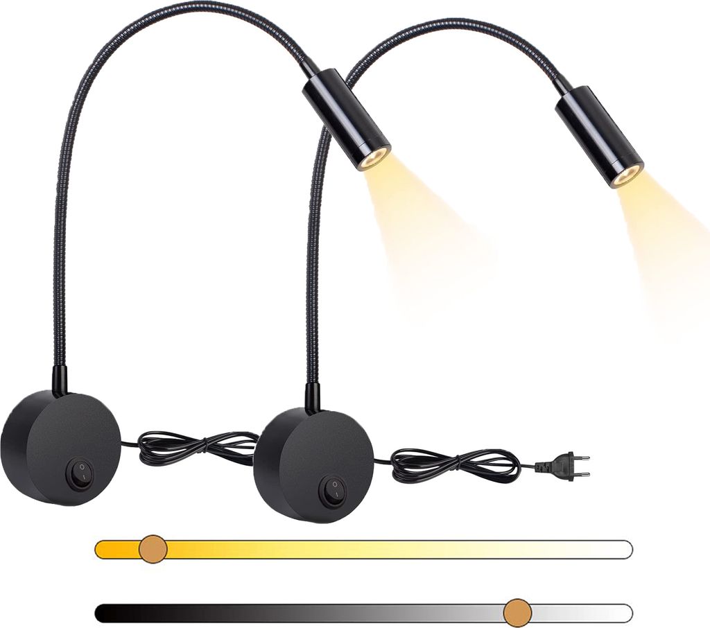 Wandmontierte Nachttischlampe, Steckdosenlampe, Touch-dimmbare LED-Nachttisch-Leselampe mit Schalter, USB, flexible Schwanenhalslampe, 2pcs