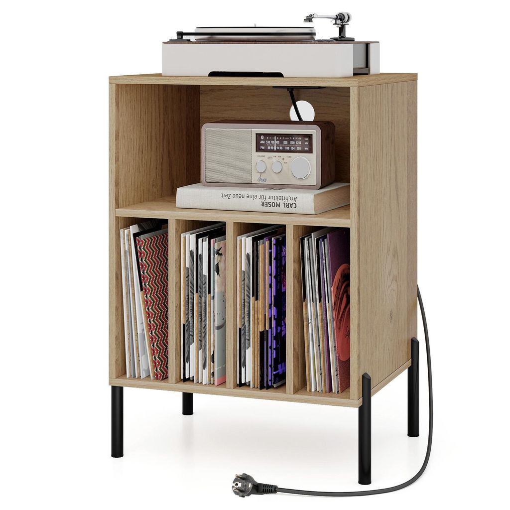 COSTWAY Plattenspielerständer, Grammophontisch mit 4 Fächern für Schallplattensammlungen, Metallbeinen & Ladestation, Geräteständer Natur