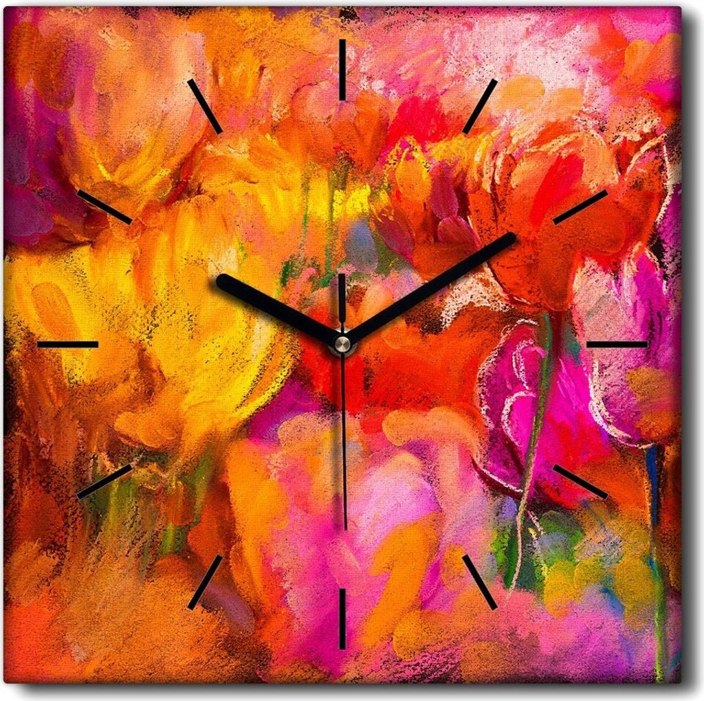 Coloray Uhr auf Leinwand 30x30 cm Wand Uhr Dekoration Wohnzimmer Segeltuch schwarze Hände -Tulpenblumen