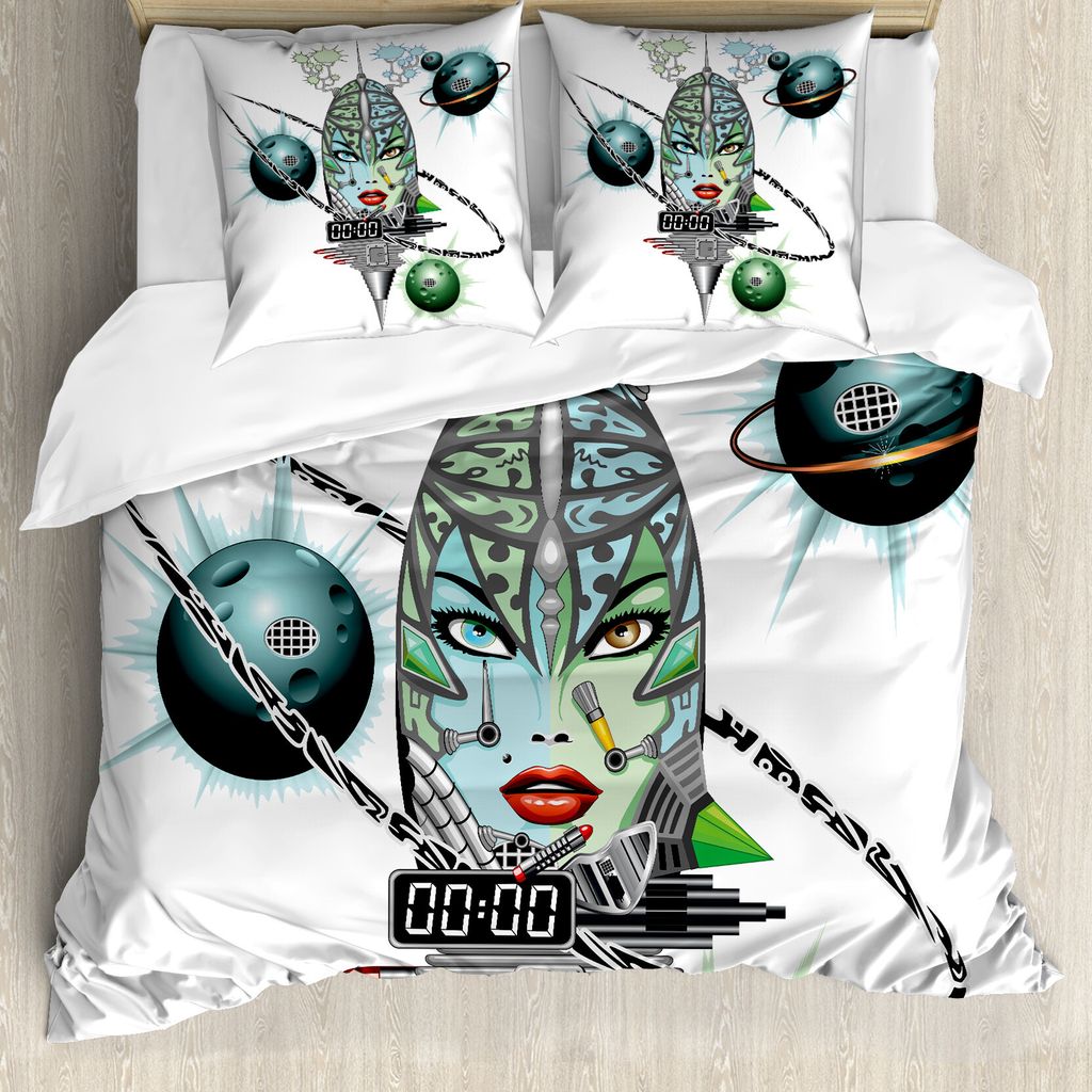 ABAKUHAUS Bunt Bettbezug Set für Einzelbetten, Futuristische Mädchen Planeten, Milbensicher Allergiker geeignet mit Kissenbezug, 200 cm x 200 cm ...