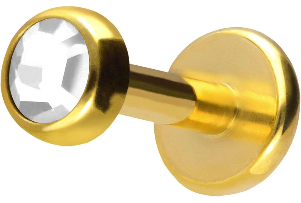 Ohrpiercing, Nasenpiercing Titan Labret mit Push Fit KRISTALLDISC Gold Stablänge: 6mm | Stabstärke: 1,2mm | Discgröße: 3mm