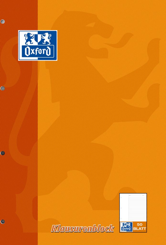 The image shows the front cover of an Oxford Klausurenblock (exam pad) with a large lion graphic and the Oxford logo.