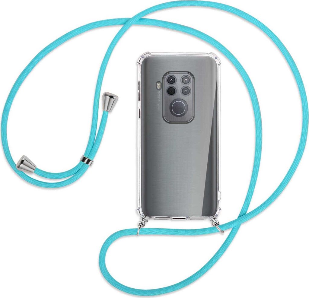 Handykette Backcover-Schutzhülle mit Band (Metall silberfarben) für Motorola One Zoom, One Pro - türkis