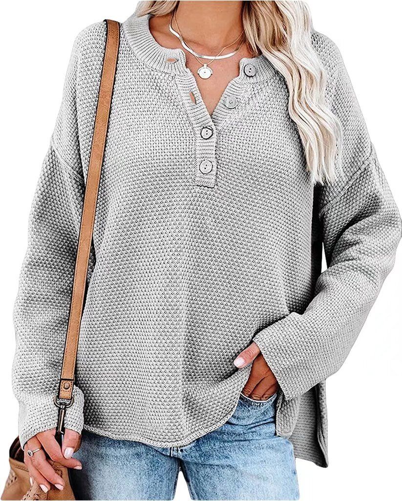 ASKSA Women's Long Sleeved Pullover O-Neck Knitted Jumper Tunic Loose Sweate, Grau, M