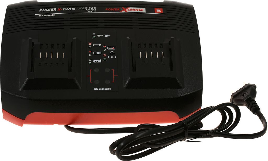 A black and red Einhell Power X-Change Twincharger battery charger with a power cord.