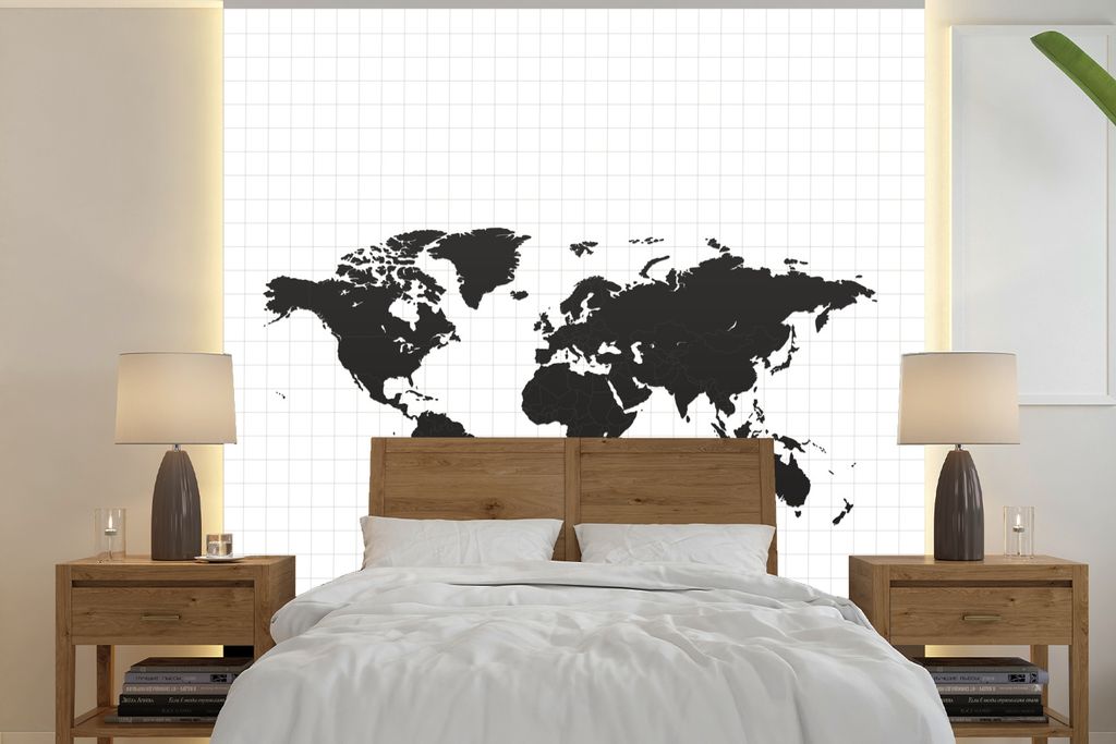 MuchoWow Fototapete für Wohnzimmer oder Schlafzimmer Wandtapete Vinyl Motivtapete Weltkarte - Einfach - Schwarz und weiß - 280x280 cm - Hinterg...